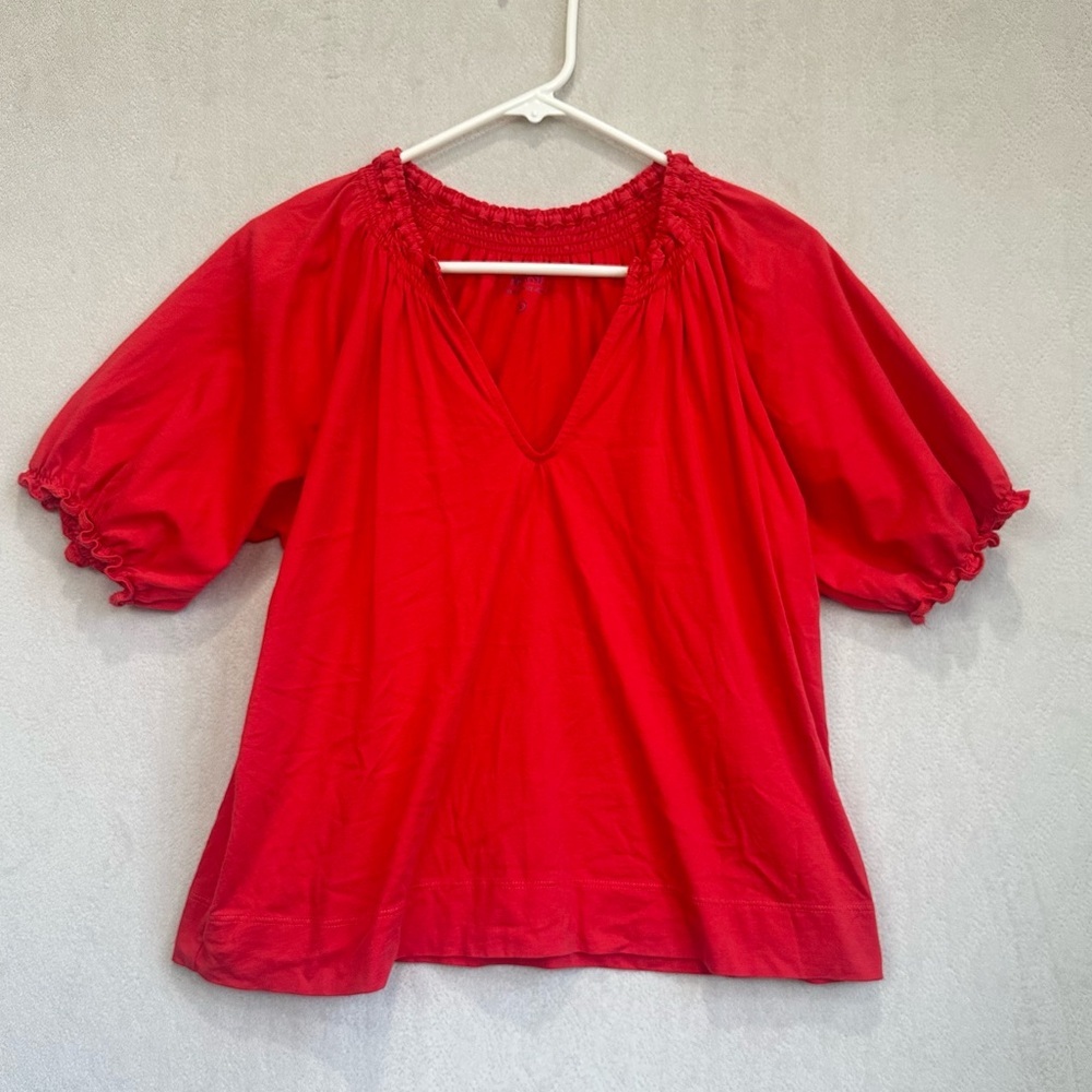 Mersea Women's Red V-Neck Puff Sleeve Pima Cotton Top Sz S
